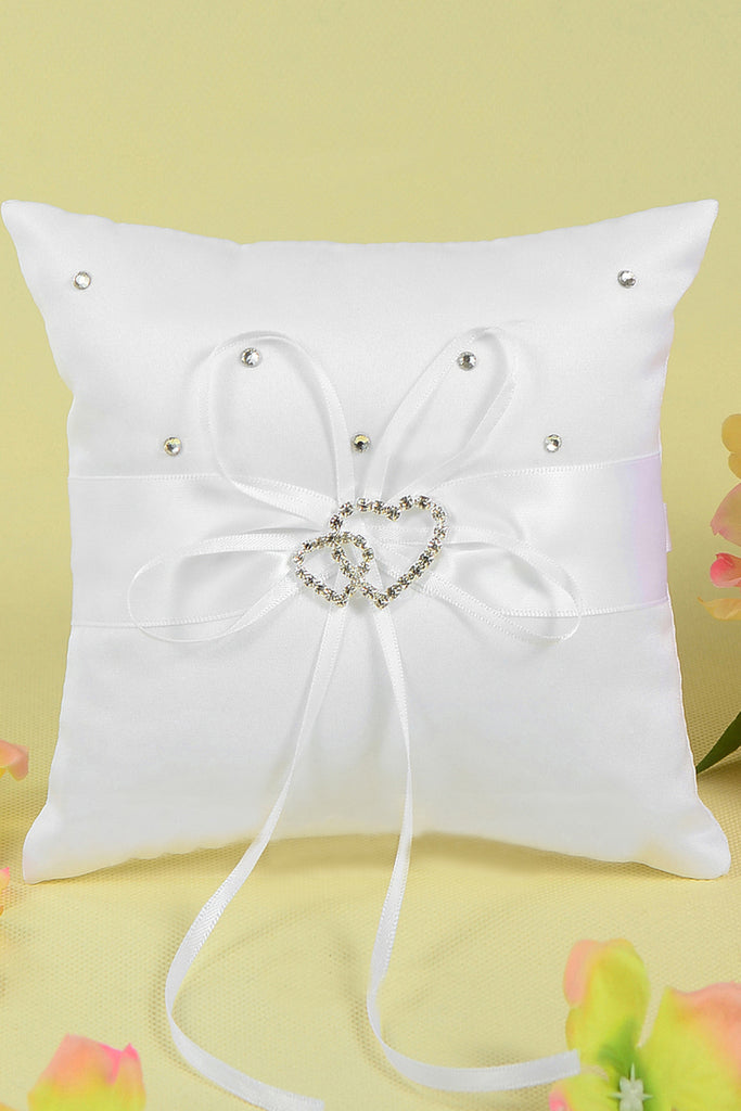 Mini Ring Pillow In Satin With Rhinestones/Double Hearts