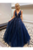 A-Line V Neck Appliques Navy Blue Prom Dresses, Navy Blue Long Evening Dresses