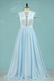 2024 A Line Prom Dresses Short Sleeves Satin & Chiffon With Beading