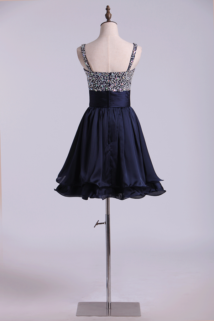 2024 Straps A Line Mini Prom Dress Beaded Bodice With Pleated Waistband Chiffon