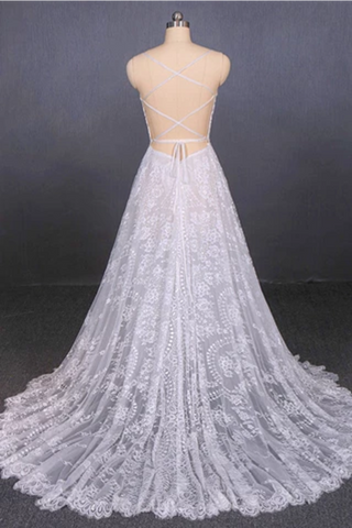 Spaghetti Straps Sweetheart Lace Wedding Dresses, Lace Bridal Dresses With Long Train