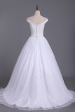 2024 White Off The Shoulder Beaded Bodice Tulle A Line Wedding Dresses