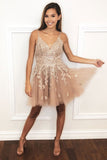 A-line V-neck Lace Appliques Tulle Short Prom Homecoming Dresses