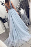 Pretty Deep V-Neck Long Beading Tulle A-Line Prom Dresses