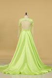 2024 Prom Dresses Scoop Long Sleeves A Line Satin With Applique And Beads