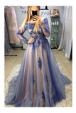 A-Line Long Sleeves Sweep Train Prom Dresses With Appliques