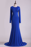 2024 Scoop Prom Dresses Long Sleeves Spandex Open Back Drak Royal Blue