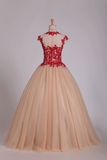 2024 Quinceanera Dresses High Neck Ball Gown Tulle With Applique Sweep Train
