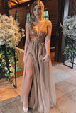 Deep V-Neck Long Beading Tulle A-Line Prom Dresses Slit