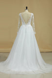 2024 Boat Neck Wedding Dresses A-Line Long Sleeves Applique Tulle