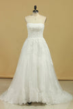 2024 Wedding Dresses Strapless Tulle With Applique A Line Court Train