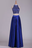 2024 Two Pieces Prom Dresses High Neck Satin With Rhinestones And Slit