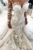 2024 Detachable Train Long Sleeves Scoop Mermaid Wedding Dresses With Applique Tulle