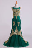 2024 Mermaid Prom Dresses Scoop Sweep/Brush Tulle With Gold Applique