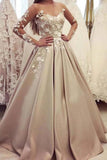 Puffy Sheer Neck Long Sleeves Satin Prom Dress With Appliques