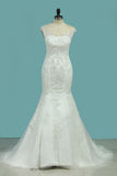 2024 Mermaid Wedding Dresses Tulle Scoop With Applique And Beads Court Train