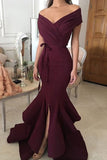 2024 Off The Shoulder Evening Dresses Mermaid Satin With Sash And Slit Sweep Train