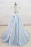 Tulle Sheer Back A Line Round Neck Formal Prom Dress