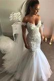 Vintage Off The Shoulder Mermaid Wedding Dress With Beads&Appliques, Tulle Bridal Dresses