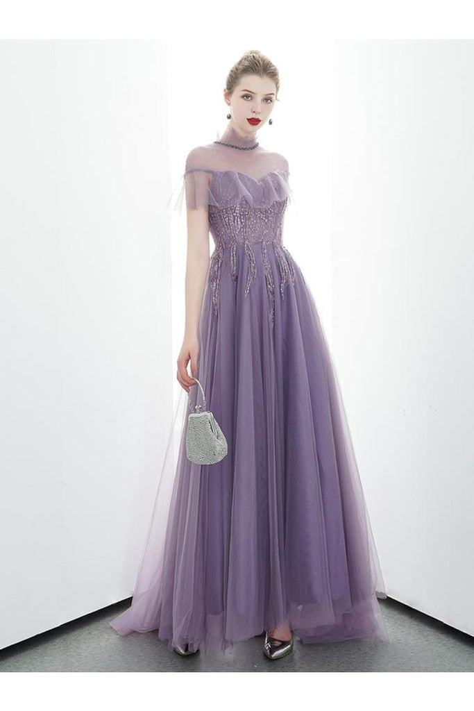 A-Line Tulle Long High Neck Prom Dresses With Ruffles Formal Evening Dress