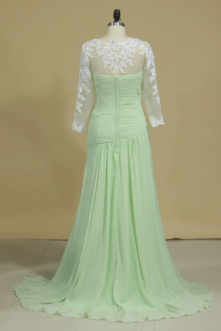 2024 Prom Dresses Scoop Long Sleeves Column Chiffon With Applique And Ruffles