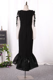 2024 Prom Dresses Sheath Scoop Spandex And Tulle With Applique And Handmade Flower