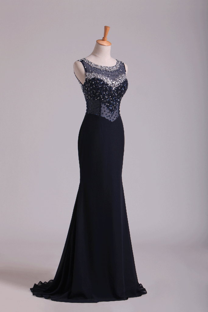 2024 Scoop Open Back Beaded Bodice Floor Length Chiffon Prom Dresses Black
