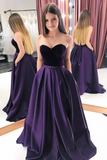 A Line Satin Sweetheart Long Prom Dresses With Pockets, Strapless Evening Dresses