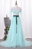 2024 New Arrival A Line Boat Neck Tulle Prom Dresses With Handmade Flowers And Beads