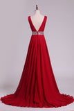 2024 A Line V Neck Pleated Bodice Chiffon Prom Dresses With Beading Court Train