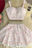 2024 Two-Piece A Line Lace Homecoming Dresses Spaghetti Straps Beaded Waistline