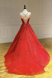 Spaghetti Straps Floor Length Prom Dress With Appliques, Long Evening Dress Lace Up Back