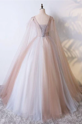 Ball Gown V Neck Tulle Prom Dress With Appliques, Unique Floor Length Quinceanera Dresses