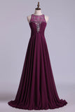 2024 Scoop A-Line Prom Dresses With Beads And Ruffles Chiffon