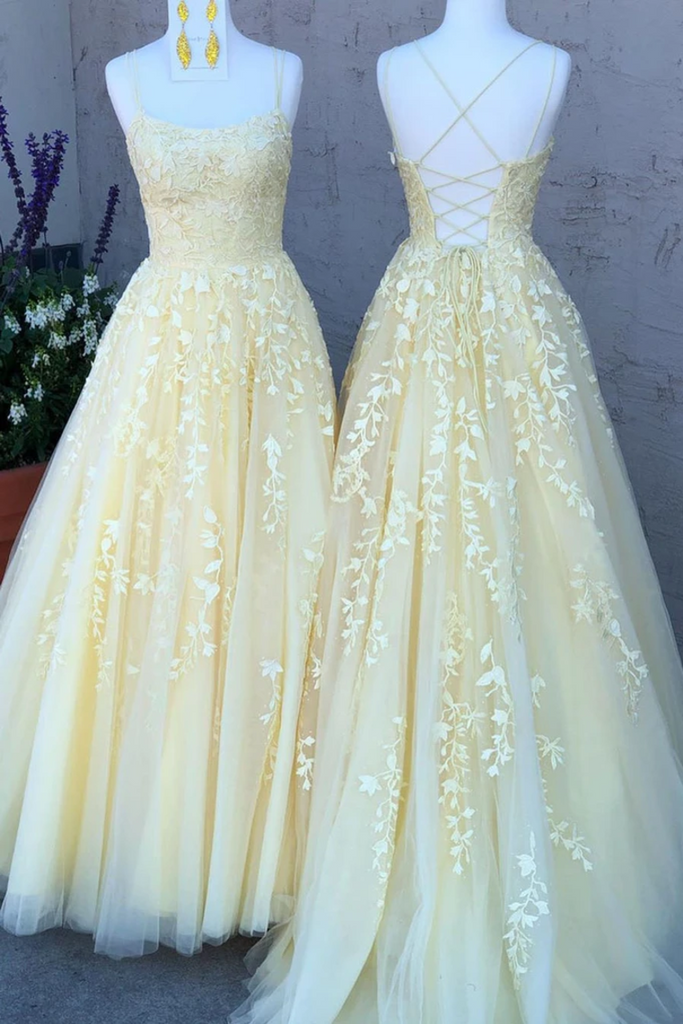Daffodil V-Neck A-Line Tulle Long Prom Dresses With Appliques