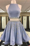 Unique Two Pieces Rhinestone Scoop Short Party Dress Homecoming Dresses