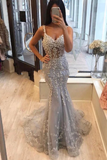 Unique Spaghetti Straps Mermaid V-Neck Prom Dresses With Applique