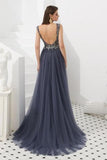 V Neck Sleeveless Tulle Long Prom Dress With Beads Crystal
