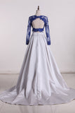 2024 Long Sleeves Scoop Prom Dresses A Line Satin With Applique Two Pieces