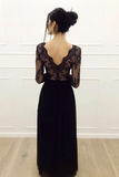 A-Line Long Sleeves Tulle Floor Length Black Prom Dress Beads&Appliques