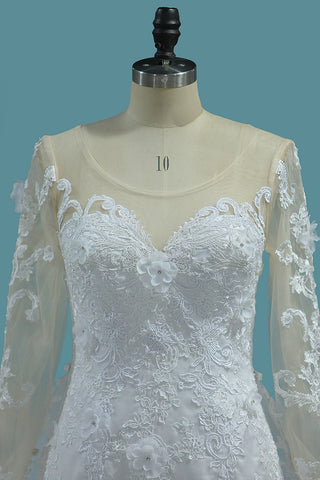 2024 Scoop Long Sleeves Mermaid Wedding Dresses With Applique Tulle Chapel Train Detachable