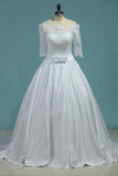 2024 Wedding Dresses Boat Neck Satin With Applique And Sash A Line