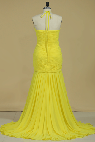 2024 Prom Dress Halter Pleated Bust & Bodice With Shirred Chiffon Skirt Sweep Train