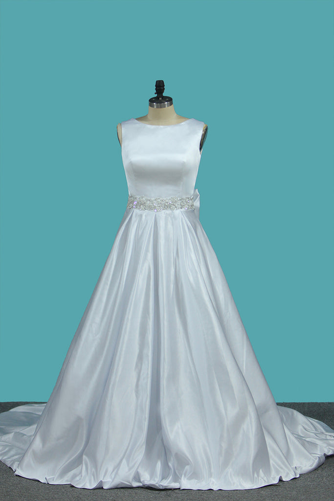2022 Satin Bateau A Line With Beads And Bow Knot Wedding Dresses