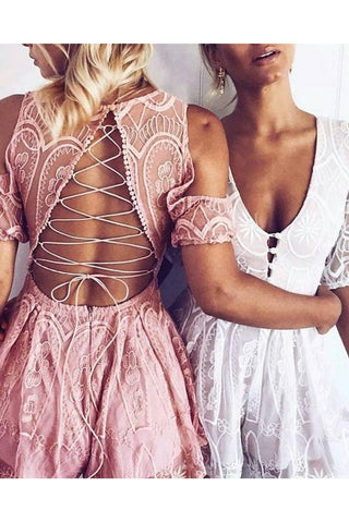 2024 Sexy V-Neck Lace Homecoming Dresses A-Line Lace Up Short/Mini