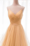 Spaghetti Straps V Neck Sparky Long Prom Dress, Backless Pleated Tulle Party Dresses