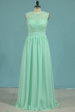 2024 New Arrival Scoop A Line Prom Dresses Chiffon & Lace Sweep Train
