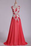 2024 Straps Prom Dresses A Line Chiffon With Applique And Beads Sweep Train