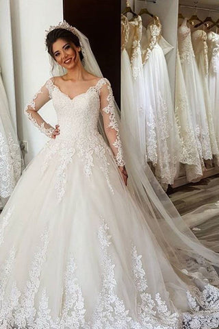 2024 New Arrival Wedding Dresses A-Line V-Neck With Appliques Long Sleeves
