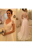 2024 Short Sleeves Wedding Dresses A Line Chiffon With Applique And Sash
